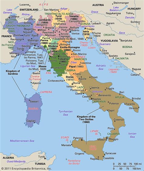 The unification of Italy. The dates are those of annexation, first to ...