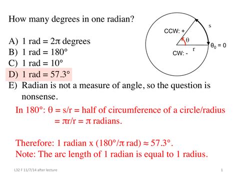 How many degrees in one radian? A) 1 rad = 2π degrees B) 1 rad