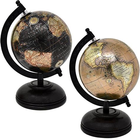 2 Decorative Glossy World Globes with Wooden Stand for Home Décor and ...