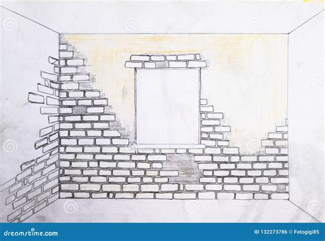 Wall of Bricks and a Window. Drawing with a Pencil. Stock Illustration ...