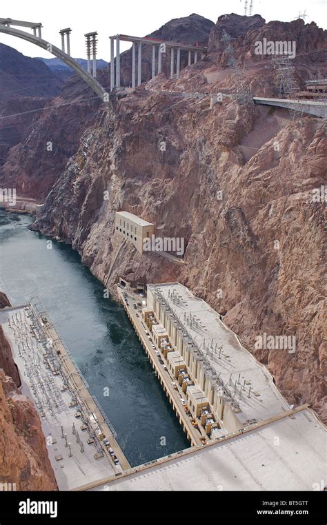 A view of the base of the Hoover Dam and the Hoover Dam Bypass under construction in the ...