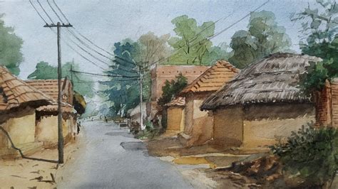 Watercolor tutorial - How paint village scenery near road site Step by Step (Very Easy) - YouTube