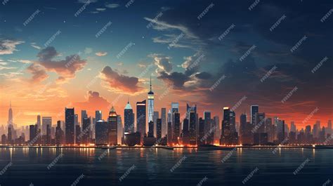 Premium AI Image | a painting of a skyline with a sunset in the background.