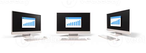 3D computer setup, keyboard, mouse with monitor screen graphic bar, financial, annual report ...