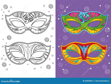 Coloring Book Of Christmas Carnival Masks Stock Illustration - Image: 62858561