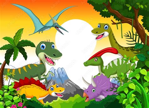 Dinosaur cartoon with landscape background for your design Stock ...