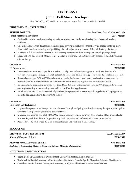 Entry Level Full Stack Developer Resume Example for 2022 | Resume Worded