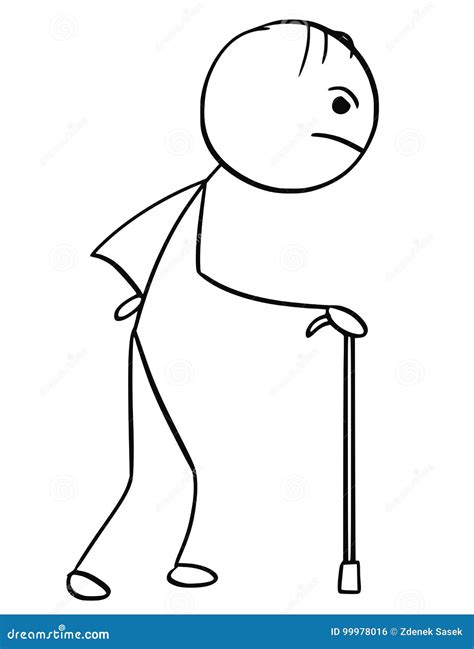 Stick Man Cartoon of Old Man Walking with Cane Stock Vector - Illustration of humorous, cartoon ...