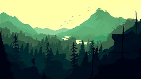 Pine trees and mountain cartoon photo, Firewatch, video games ...