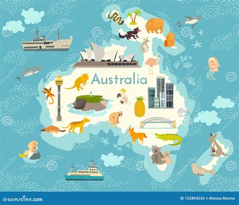 Australia Continent, World Vector Map with Landmarks Cartoon ...