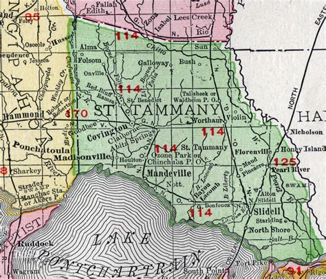 St. Tammany Parish, Louisiana, 1911, Map, Rand McNally, Covington, Slidell, Mandeville ...