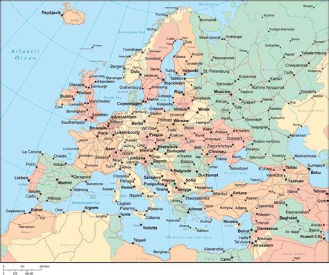 Multi Color Europe Map with Countries, Major Cities