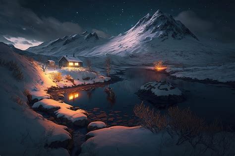 Premium Photo | Snow covered mountains with a river at night