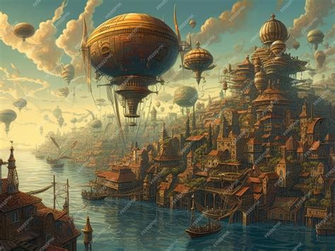 Premium AI Image | Steampunk fantasy landscape illustration game wall ...