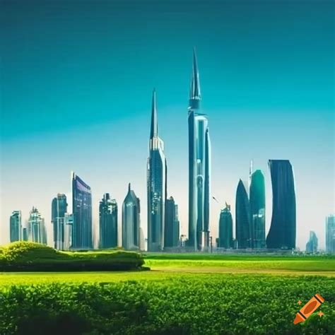 Uae skyline with solar panels and gardens on Craiyon