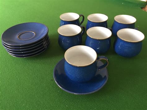 Set of seven Denby Imperial Blue Expresso Coffee Cups and Saucers, mint ...