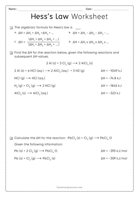 Free Printable Hess's Law Worksheets