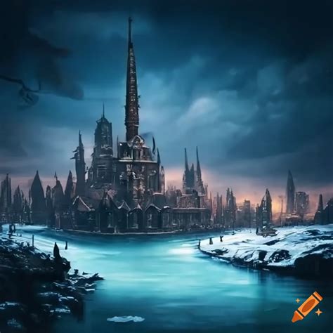 Steampunk city in snowy landscape with flowing river on Craiyon