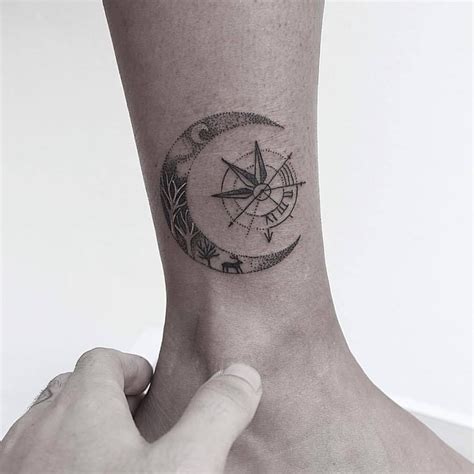 Dot-work style crescent moon and compass tattoo by Carlo | Crescent ...