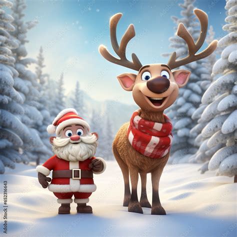 Cute Santa Claus with Rudolph reindeer, and snowy white christmas ...