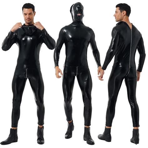 Mens Full Body Suit Patent Leather Hooded Jumpsuit Zipper Zentai ...