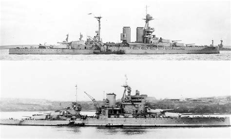 Battleship HMS Valiant - the top image is her in 1917, the bottom shows her in 1939 post her ...