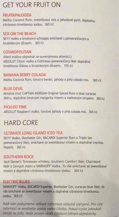 Menu at Hard Rock Café pub & bar, Prague