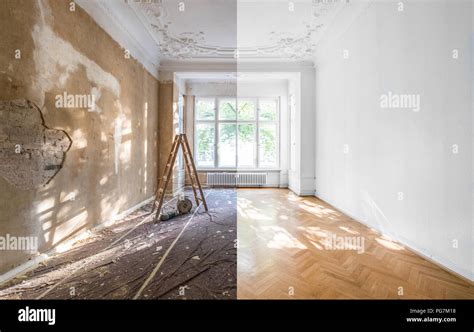 apartment renovation - empty room before and after refurbishment or ...