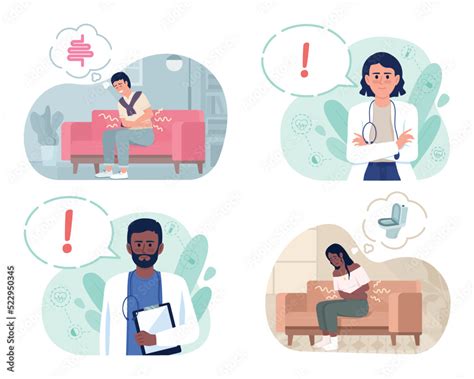 Abdominal pain treatment 2D vector isolated illustrations set. Flat ...