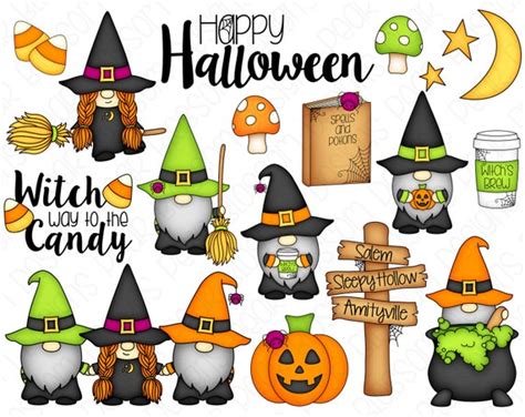 Halloween Gnome Witches Clipart Set Hand Drawn Digital - Etsy