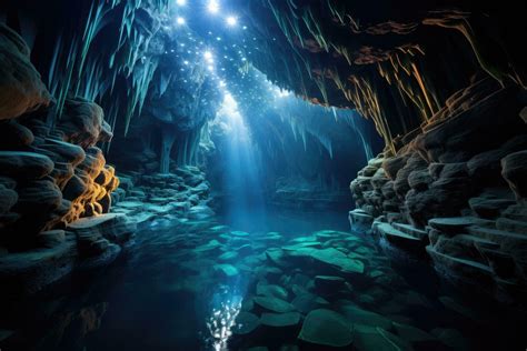 Beautiful underwater cave with crystal clear water. 3D Rendering, mesmerizing underwater cave ...