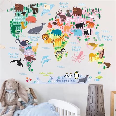 World Map For Kids Map With Animals World Map Decal Classroom Decor ...