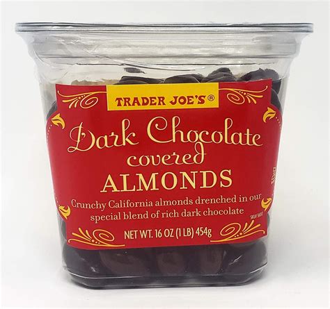 Trader Joe's Dark Chocolate Almonds Crunchy California Almonds Drenched in Rich Dark Chocolate ...