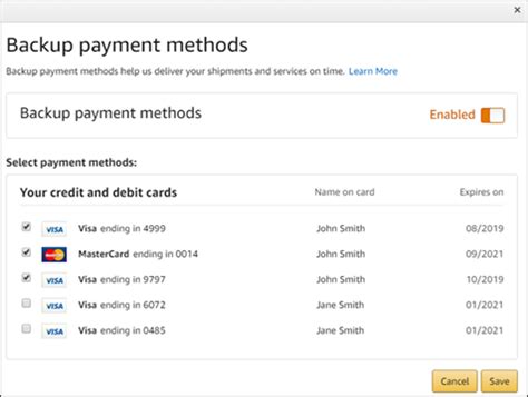 How do I manage a backup payment method on Amazon?