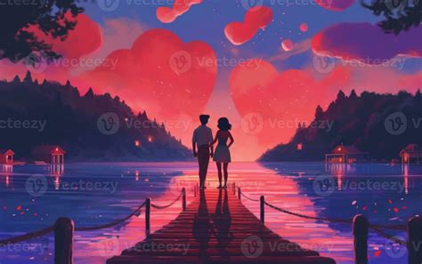 anime couple standing on a pier looking at the sunset. generative ai ...