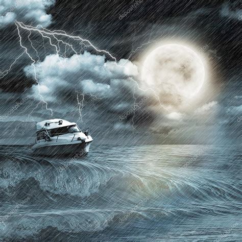 Boat in storm ocean — Stock Photo © merznatalia #40741677