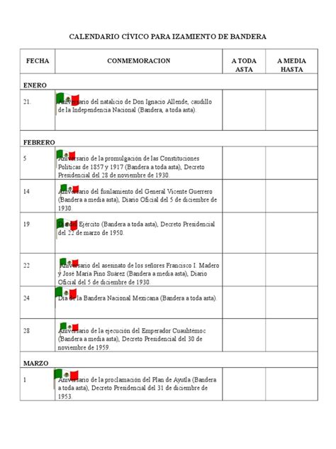 Calendario Cívico Para Izamiento de Bandera | México | Politica de mexico