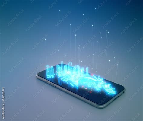 Hologram building on smartphone in IOT or smart city concept. 3D rendering of mobile phone and ...