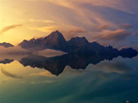 Mountain reflected in the lake at sunset 4K wallpaper download