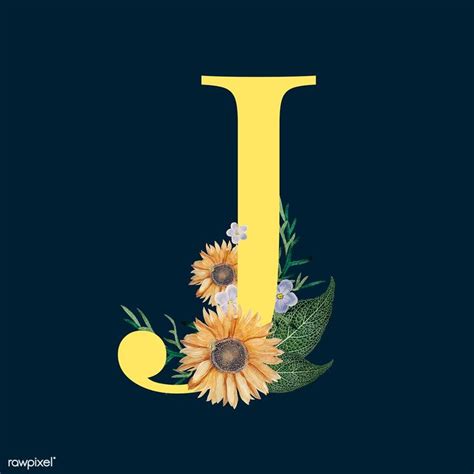 Yellow alphabet J decorated with hand drawn various flowers vector ...