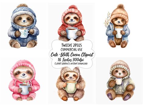 Cute Sloth Clipart, Cute Animals Clip Art, Winter Clipart, Hot Cocoa ...