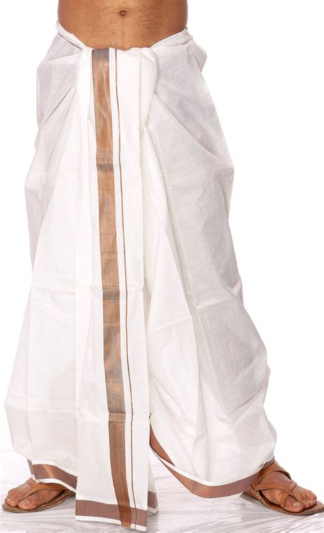 White Dhoti from Kerala with Copper Weave on Border | Exotic India Art