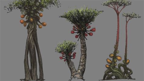 Alien Plants Concept Art: Four Types of Trees with Fruit