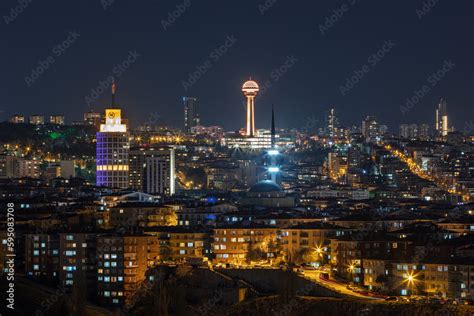 Ankara Turkey, 14 April 2022; Atakule and Sheraton Ankara View. Ankara Landscape at Sunset ...