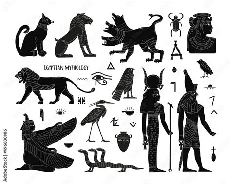 A set of Egyptian mythical animals and creatures, symbols. Black and white flat vector elements ...