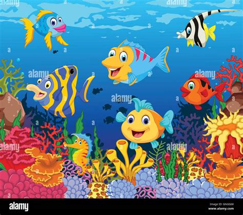 funny fish cartoon with beauty sea life background Stock Vector Art ...