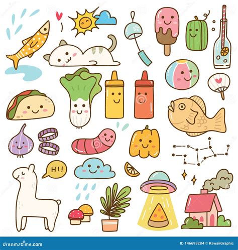 Set of Kawaii Doodle, Food, Animal, and Other Objects Stock Illustration - Illustration of ...