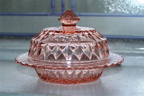 Pink Depression Glass Butter Dish Windsor Diamond Vintage 1930s