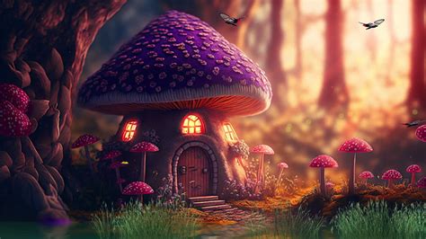 Premium stock video - Mushroom house animation in the middle of a fairy tale forest, dreamlike ...