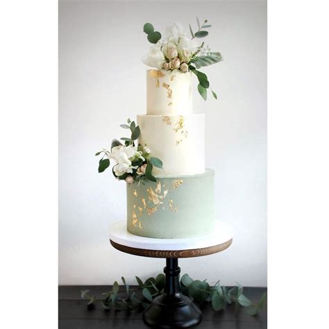 Sage green wedding cake. Buttercream finish with fresh flowers and gold leaf. | Green wedding ...